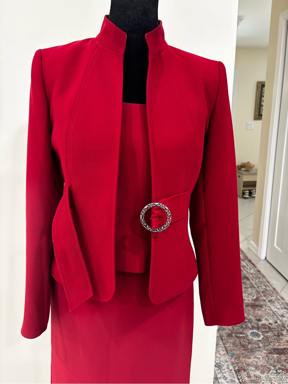 Tahari Crimson Peplum Belted Blazer and Skirt - Picture 3 of 8